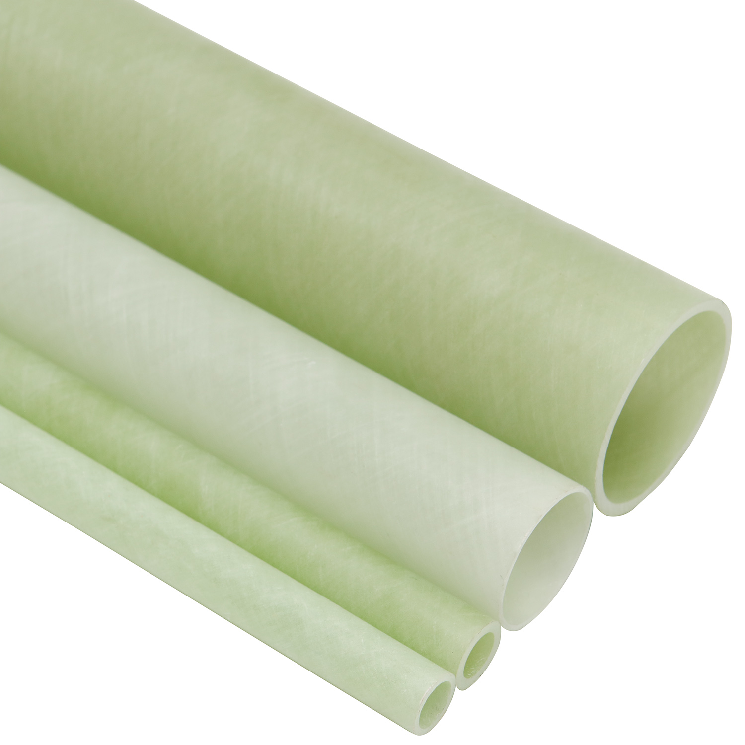 Multi-size light green epoxy fiberglass winding pipes showing different diameters.