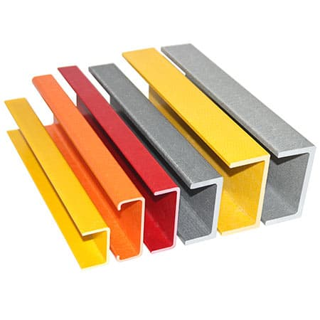 Variety of colored FRP pultrusion U-channel profiles in yellow, orange, red, and grey