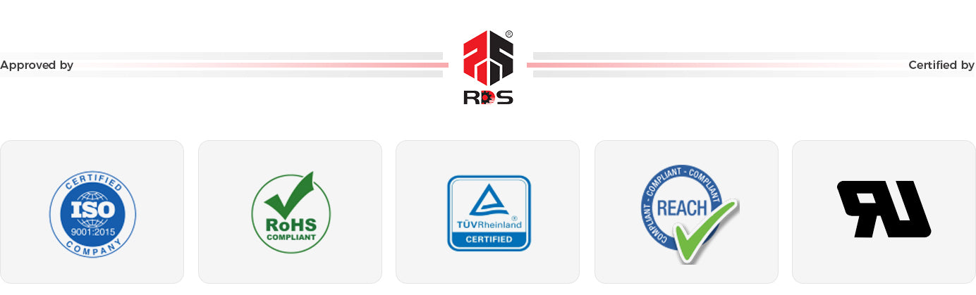 RDS company quality and safety certifications, featuring ISO 9001:2015, RoHS compliance, TÜV Rheinland certification, REACH compliance, and the UL Recognized Component mark for electrical insulation materials.
